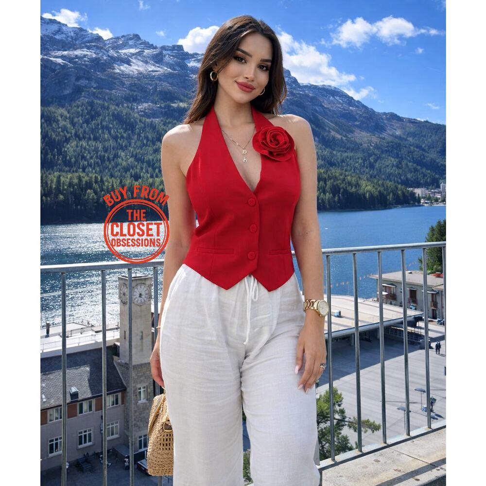 MANGO Red Rosette Halter Vest Top NWT Floral Applique Statement Blouse